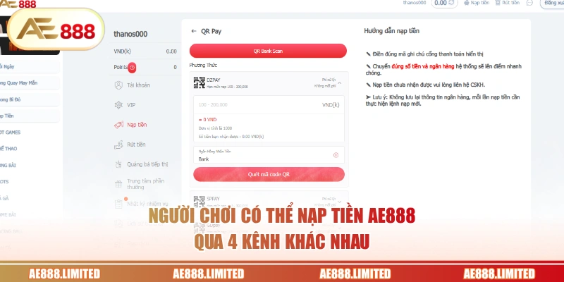 Người chơi có thể nạp tiền AE888 qua 4 kênh khác nhau